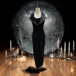 Susan Roselli for Vijack Black Glam Goth Gown 4 Leather Studded Collar Edgy Rock